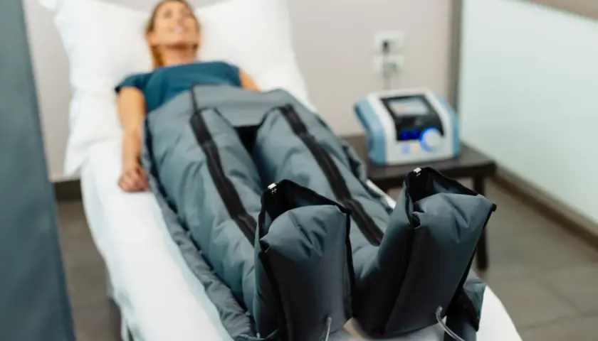 Kobieta leży na łóżku, jej nogi są w specjalnych mankietach. To presoterapia, zabieg poprawiający krążenie.