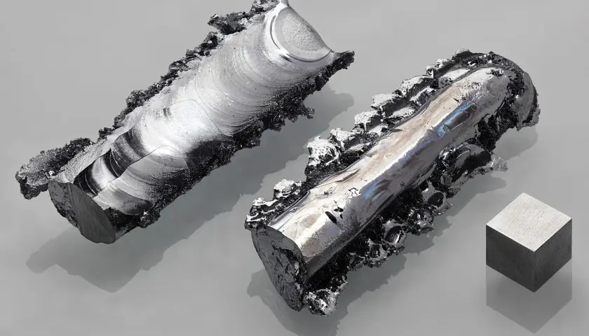 Zwei unregelmäßige Metallstücke mit glänzender, schillernder Chrom-Wirkung und ein kleiner Würfel daneben.