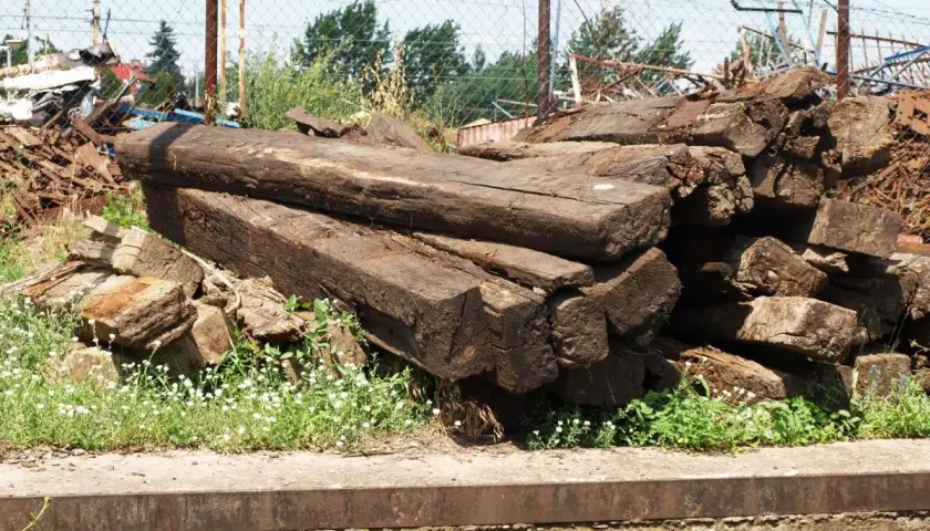 Stare, spróchniałe drewniane podkłady kolejowe leżą na hałdzie, otoczone zielenią i drobnymi białymi kwiatami.
