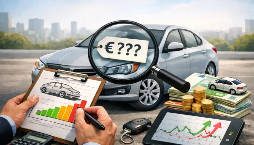 Valuta auto: analisi del prezzo con lente d'ingrandimento, grafici, calcolatrice e denaro.