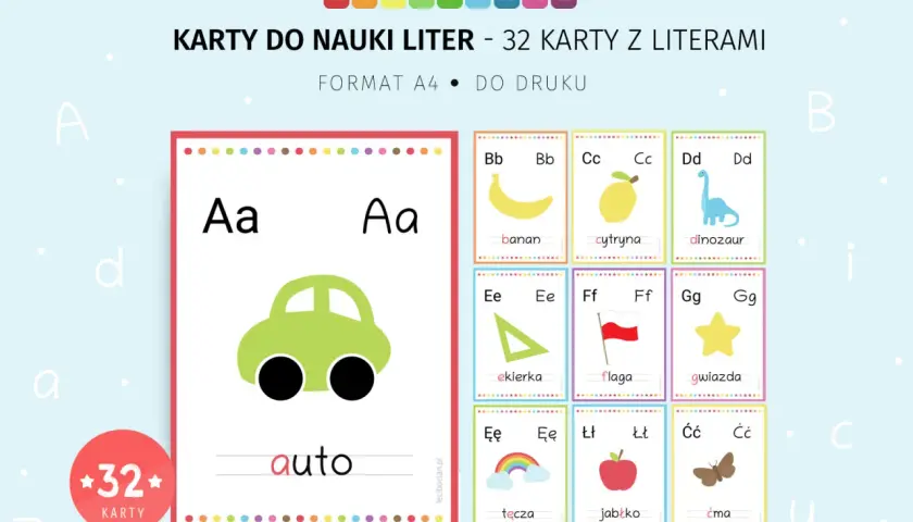 Kreatywne karty do nauki liter z obrazkami: auto, banan, cytryna, dinozaur, ekierka, flaga, gwiazda, tęcza, jabłko, ćma.