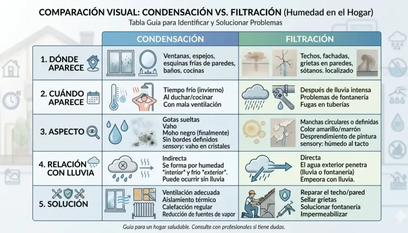 Tabla compara condensación y filtración, explicando la diferencia entre vapor y gas en el hogar. Muestra dónde, cuándo y cómo aparecen, y sus soluciones.