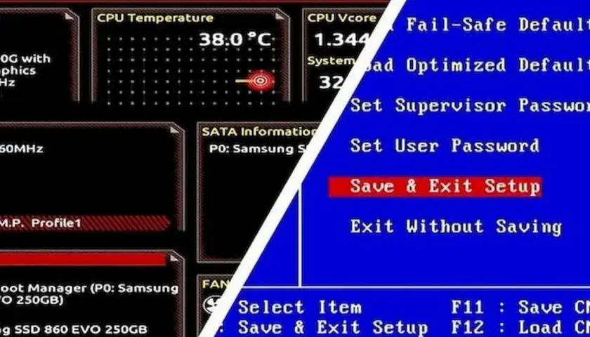 Ekran BIOS-u, pokazujący temperaturę CPU i opcje takie jak "Save & Exit Setup". Dowiedz się, jak odpalic BIOS, by zmienić ustawienia.