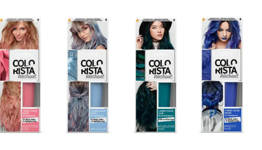 Cajas de tinte L'Oréal Colorista Washout con modelos de cabello teñido en rosa, azul, turquesa e índigo. Las mechas se aclaran con los lavados, mostrando la versatilidad del color.