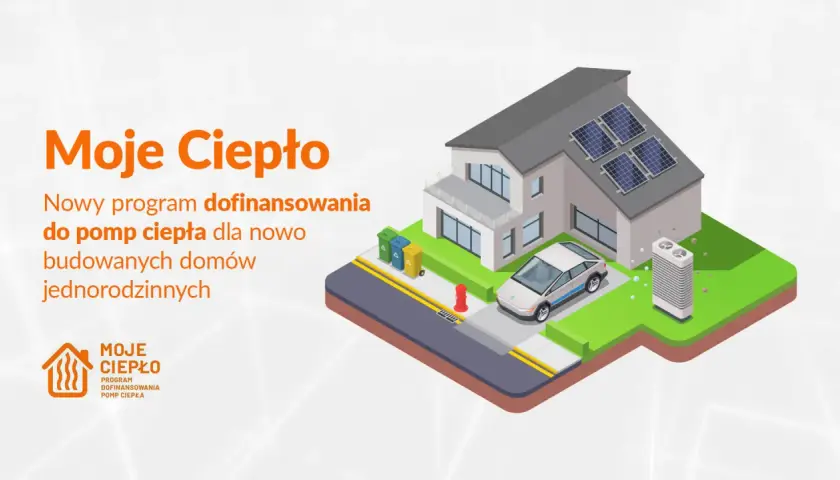 Nowy program "Moje Ciepło" wspiera budowę domów z pompami ciepła. Ilustracja przedstawia nowoczesny dom z panelami słonecznymi, samochodem elektrycznym i pompą ciepła.