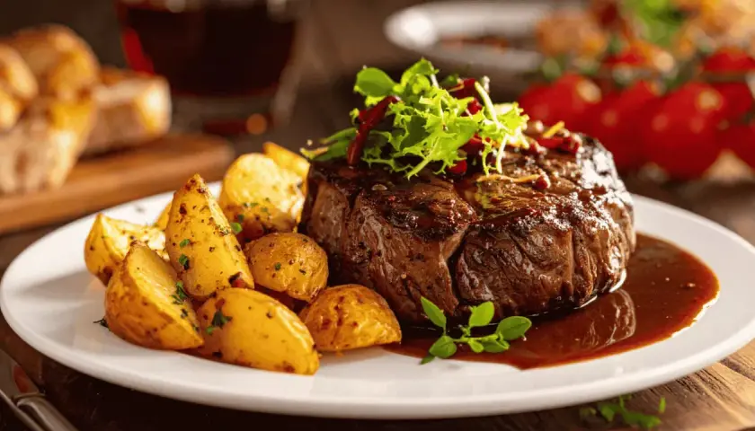 Un succulent filet mignon rosé, accompagné de pommes de terre rôties et d'une sauce riche, prêt à être dégusté.