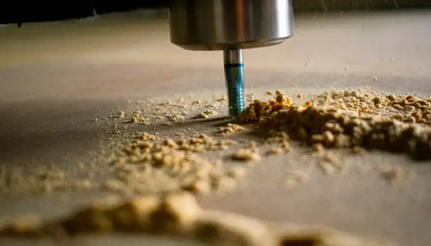 Frezarka CNC obrabia drewno, tworząc wióry. Optymalne parametry skrawania zapewniają precyzję i gładkość powierzchni.