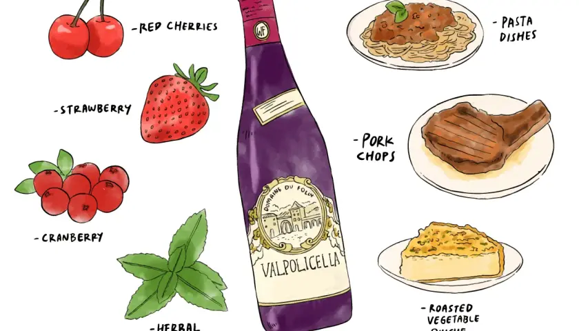 Butelka Valpolicella Ripasso obok wiśni, truskawek, żurawiny, ziół, kotletów schabowych, quiche i dań z makaronu.