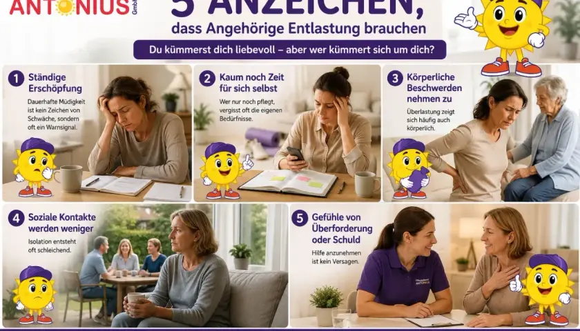 5 Anzeichen, dass Angehörige Entlastung brauchen: Ständige Erschöpfung, kaum Zeit für sich, körperliche Beschwerden, weniger soziale Kontakte, Überforderung. Müde? Hilfe ist da.