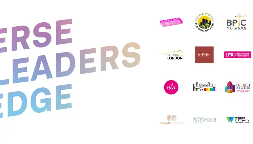 Diverse Leaders Pledge, a campaign championing inclusivity in the built environment, features logos from organizations like BAME Planners Network, Building People, and Real Estate Balance.