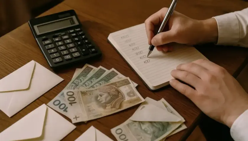 Koperty, banknoty 100 zł, kalkulator i notatnik z zapiskami.