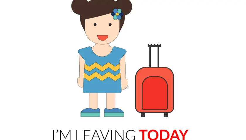 Bambina con valigia rossa, pronta a partire. Un esempio di avverbi di tempo in inglese: "I'm leaving TODAY".