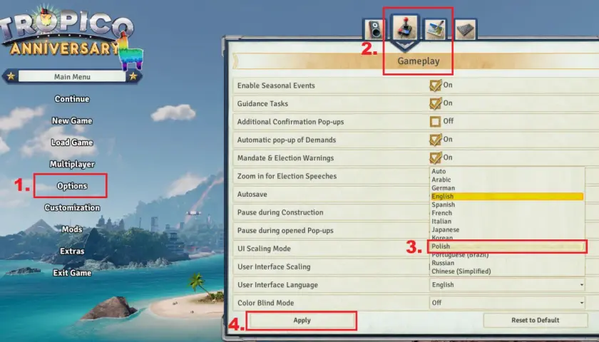 Tropico 6: Spolszczenie. W menu Opcje, zakładka Gameplay, wybierz język polski.