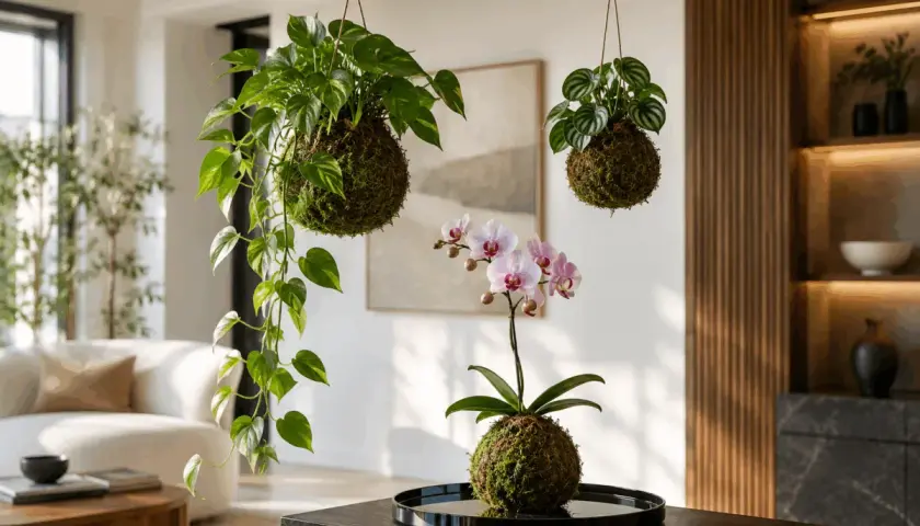Kokedama: tre sfere di muschio con piante appese, una con orchidea rosa. Un'idea per arredare con stile.