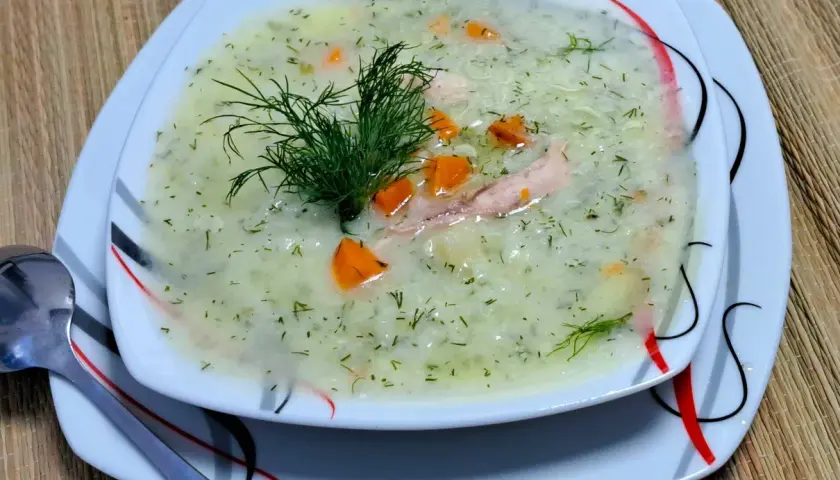 Aromatyczna zupa koperkowa z ryżem, kawałkami kurczaka i marchewką, udekorowana gałązką koperku.