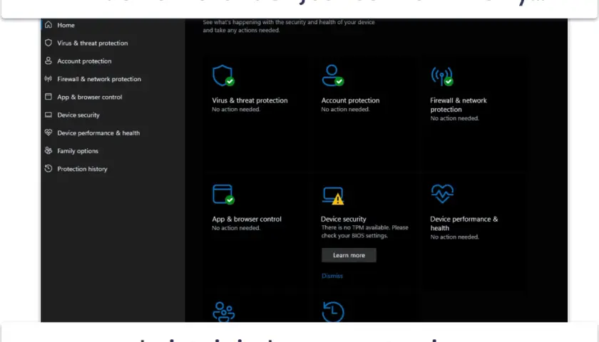 Ekran Windows Defender pokazuje status ochrony antywirusowej. Choć jest niezły, istnieją lepsze antywirusy.
