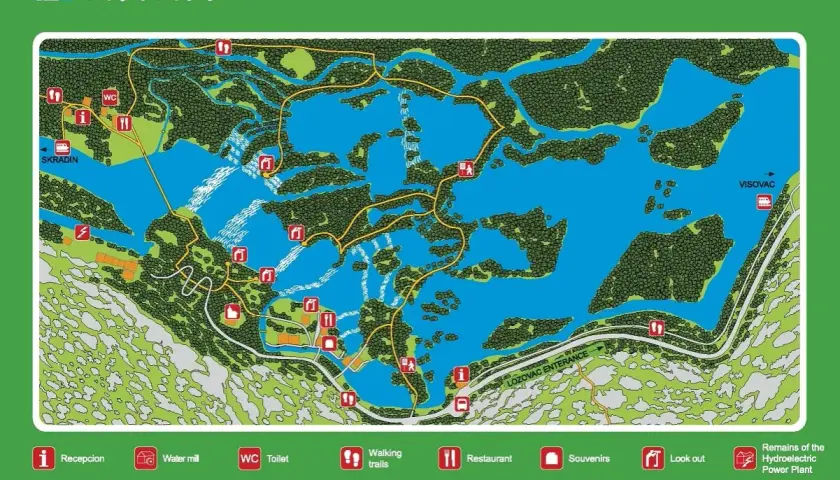 Mapa Parku Narodowego Krka, ukazująca szlaki, wodospady, punkty widokowe i inne atrakcje.