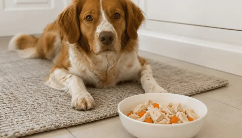 Ein braun-weißer Hund liegt neben einer Schüssel mit Futter, das wie Reis, Getreide und Fleisch aussieht.