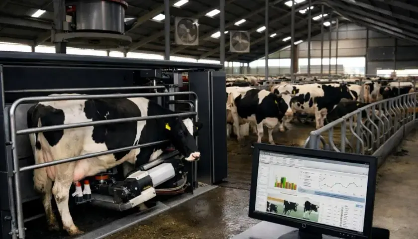 Krowa w dojarni automatycznej, monitor pokazuje dane o produkcji mleka. To przyszłość Milkiland akcje.