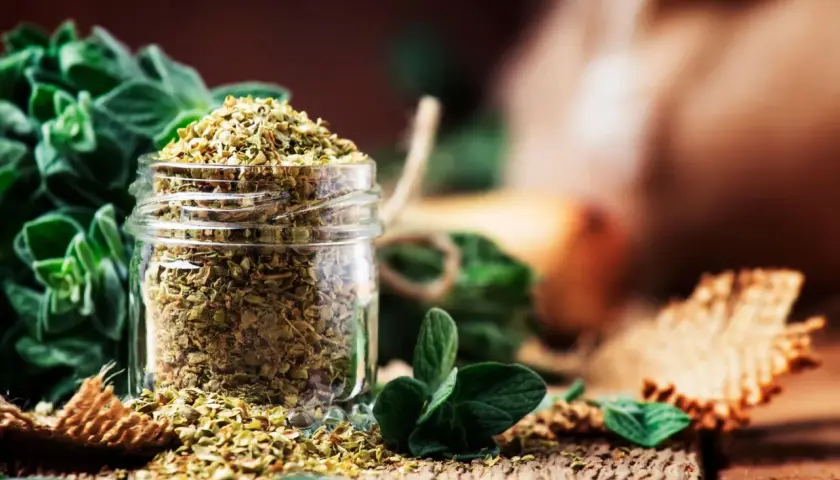 Ein Glas mit getrocknetem Oregano steht auf einem Holztisch. Frische Oreganozweige und weitere Gewürze sind im Hintergrund zu sehen.