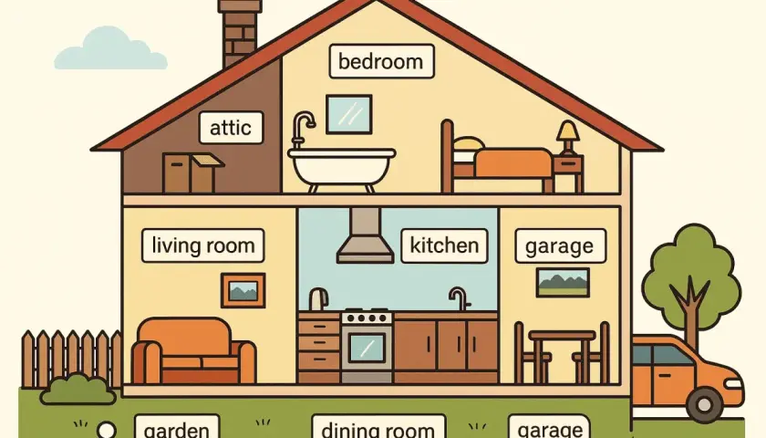 Przekrój domu z etykietami: attic, bedroom, living room, kitchen, garage, garden, dining room. Jak jest po angielsku pokój?