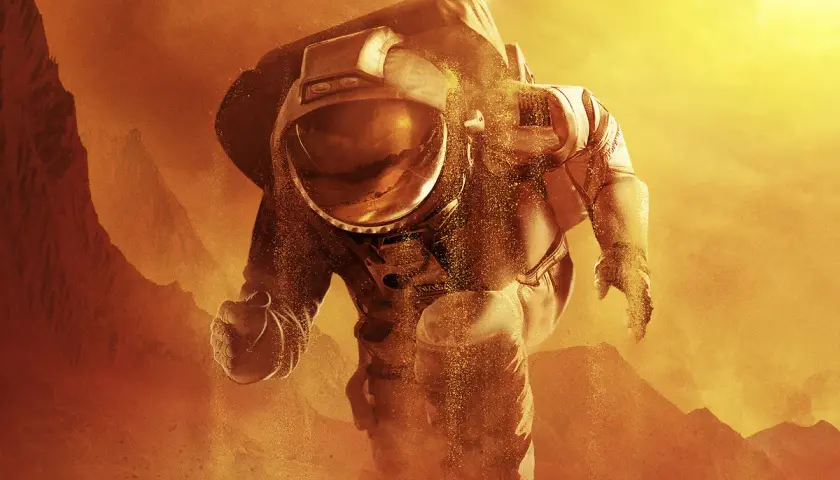 Un astronaute avance dans un paysage martien poussiéreux, sous un soleil éclatant. L'image évoque l'exploration et les défis de **For All Mankind saison 3**.