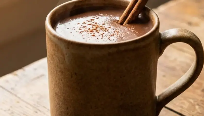 Eine dampfende Tasse vegane heiße Schokolade mit Zimtstange und Kakaopulver auf einem Holztisch.