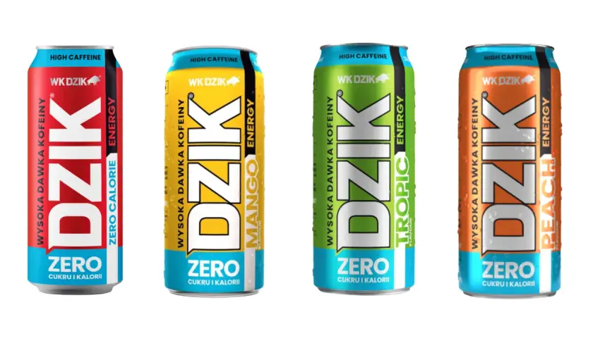 Cztery puszki napoju energetycznego "Dzik" o różnych smakach: czerwona, żółta (mango), zielona (tropic) i pomarańczowa (peach).
