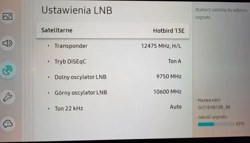 Ustawienia LNB dla Hotbird 13E: transponder 12475 MHz, H/L, DiSEqC Ton A. Pomocne przy ustawianiu anteny satelitarnej z Cyfrowego Polsatu.