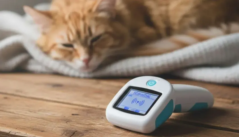 Un gato naranja duerme sobre una manta mientras un escáner muestra "SCANNING...". Averigua cuanto cuesta poner chip a un gato.