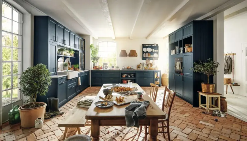 Geräumige Küche im mediterranen Landhausstil mit dunklen Schränken, Holztisch und Terrakotta-Boden.