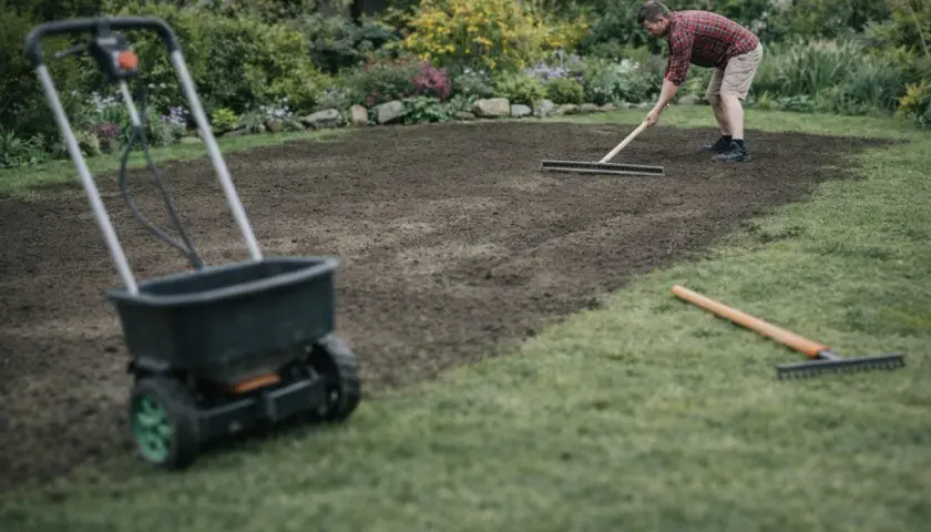 Mężczyzna zgrabia ziemię, przygotowując ją do siewu. W tle widać rozsiewacz do trawy, co sugeruje, że właśnie trwa praca nad tym, jak wyrównać trawnik.