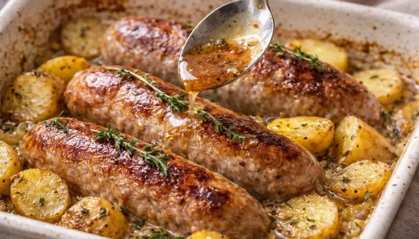 Saucissons à cuire au four, dorés et juteux, mijotent avec des pommes de terre dans un plat. Une cuillère arrose le tout d'une sauce au vin blanc savoureuse.