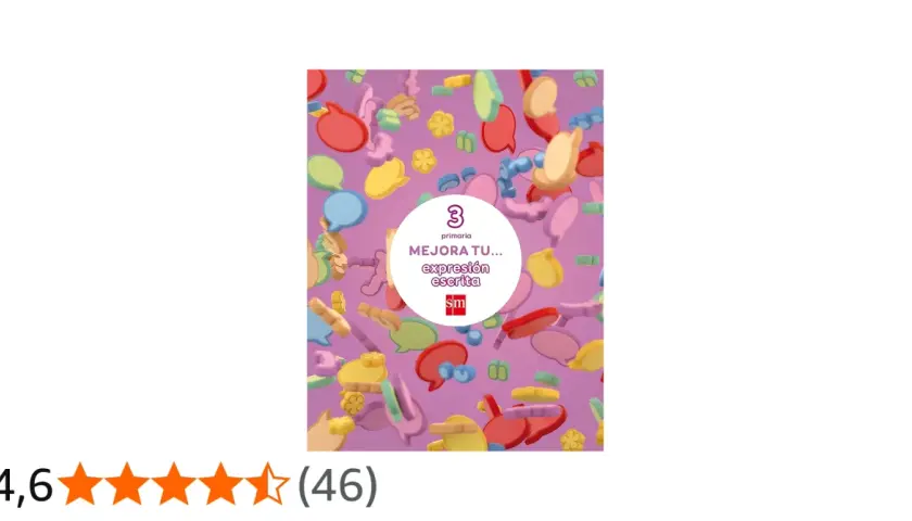 Imágenes para describir: Portada de libro "Mejora tu expresión escrita" para primaria, rodeada de burbujas de diálogo y flores de colores.