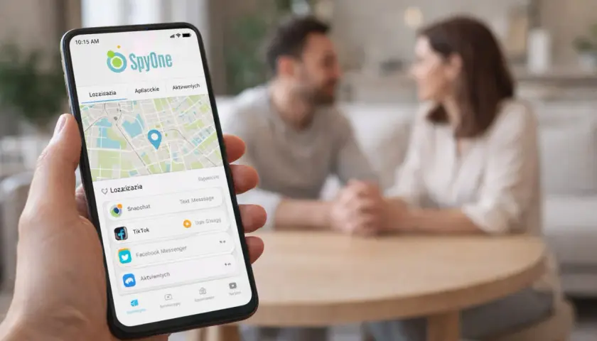 Aplikacja SpyOne pokazuje lokalizację i aktywność na telefonie, sugerując szpiegowanie telefonu.
