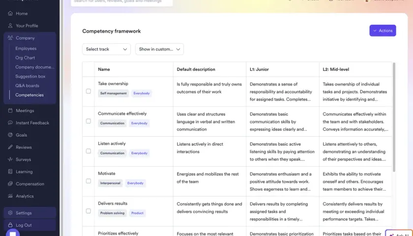 Competency framework with examples for mid year review, showing skills like "Take ownership" and "Communicate effectively" at Junior and Mid-level.