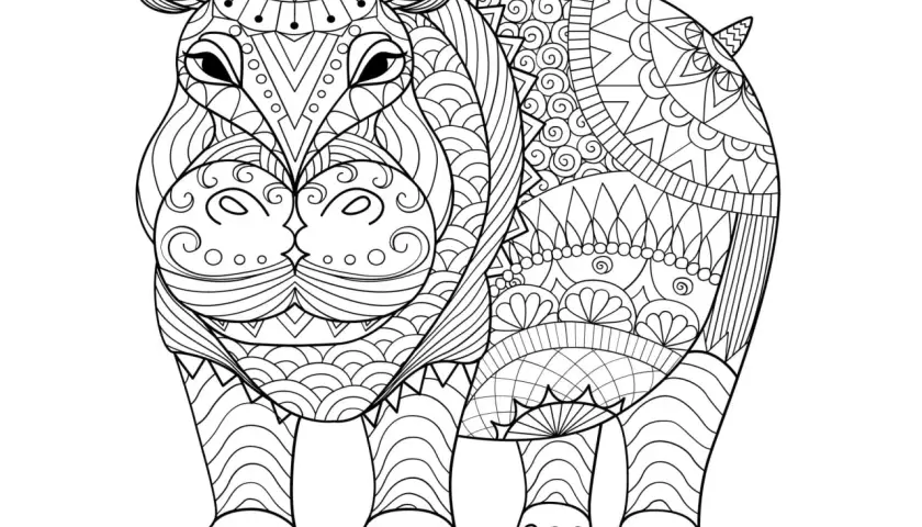 Hipopótamo con intrincados diseños para colorear, perfecto como mandalas para imprimir y relajarse.