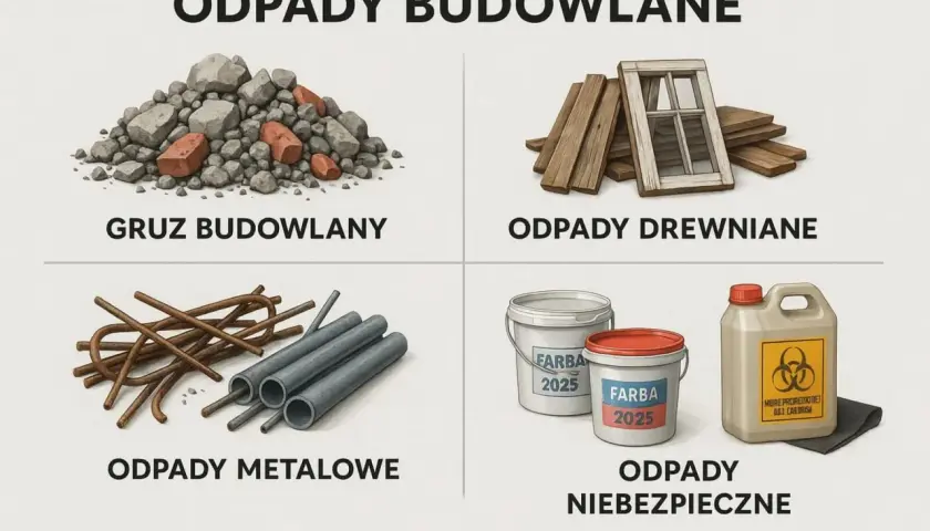 Segregacja odpadów budowlanych: gruz, drewno, metal, farby i odpady niebezpieczne.