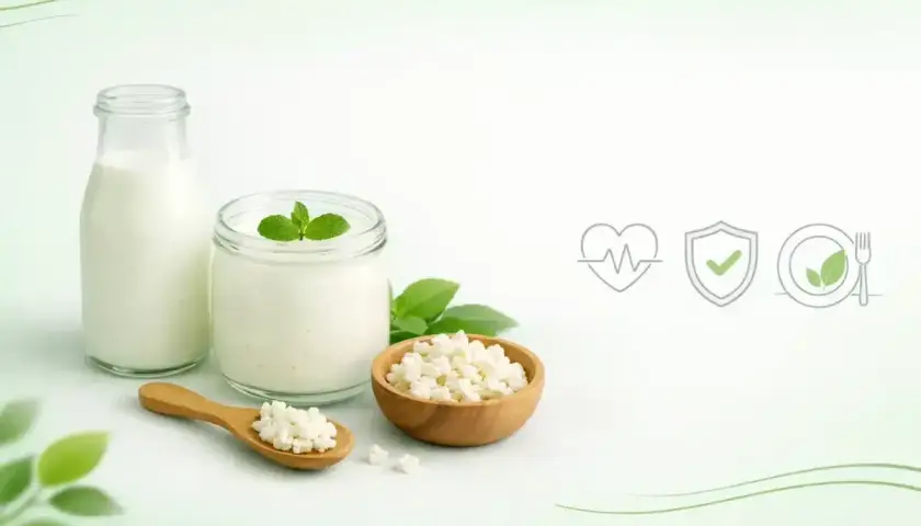 Kefir właściwości: zdrowy napój, probiotyki, naturalne składniki. Ikony symbolizują zdrowie, bezpieczeństwo i dietę.