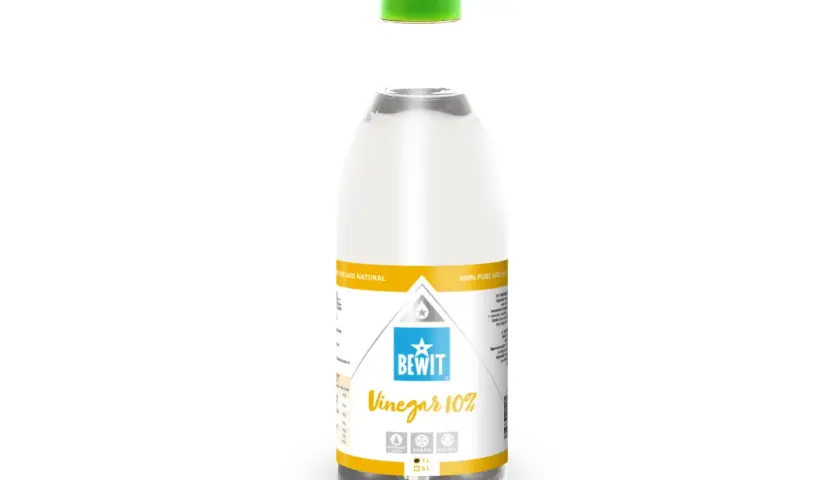 Butelka octu spirytusowego Bewit Vinegar 10% z zieloną nakrętką.