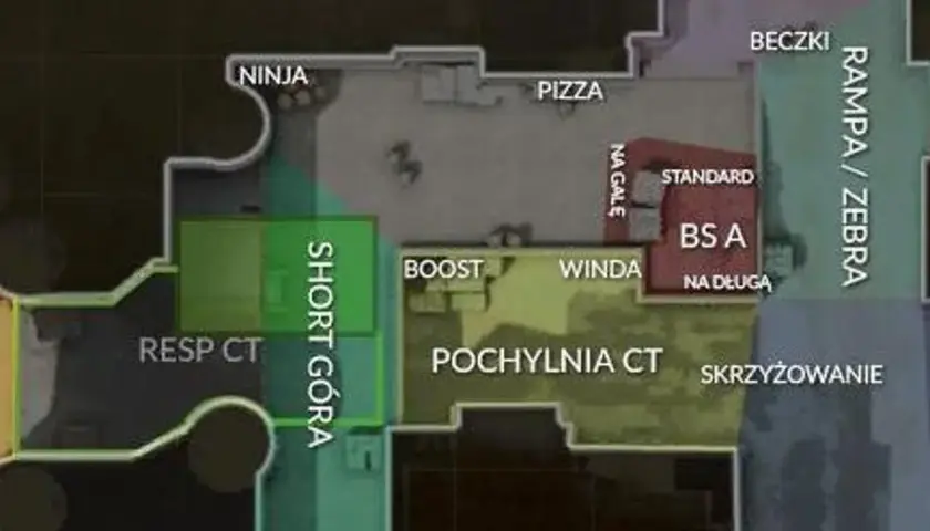 Mapa CS2 z zaznaczonymi obszarami: Ninja, Pizza, Resp CT, Short Góra, Roman, Beczki, Rampa/Zebra, BS A, Pochylnia CT, Skrzyżowanie.