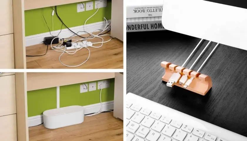 Organiza tu espacio: antes, un caos de cable por dentro; después, orden con una caja y un organizador de madera para tus cables.