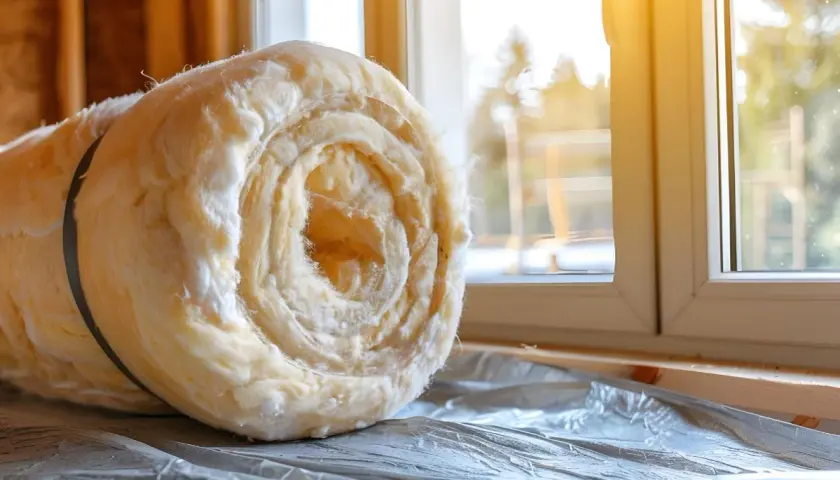 Rotolo di materiale isolante per coibentazione interna, pronto per essere installato in una casa in costruzione.
