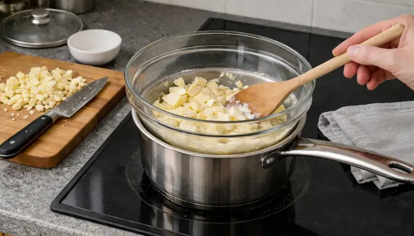 Smält vit choklad i ett vattenbad. En träsked rör om i den smältande chokladen.
