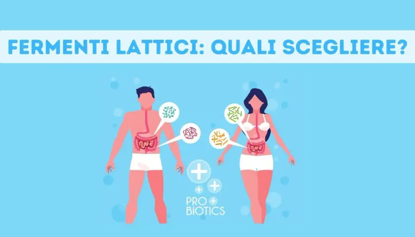 Uomini e donne con intestino stilizzato, circondati da icone di batteri benefici. Il testo "Fermenti lattici: quali scegliere?" e "Probiotici" suggerisce l'importanza del probiota intestinale.