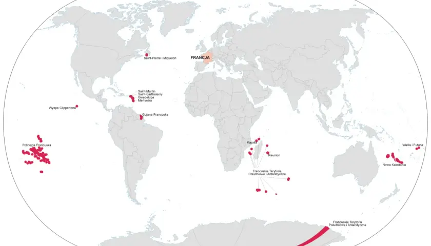 Mapa świata z zaznaczonymi terytoriami Francji, w tym Francją metropolitalną i zamorskimi.