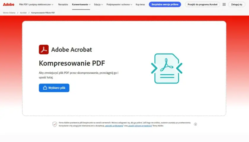 Strona Adobe Acrobat do kompresowania PDF. Dowiedz się, jak zmniejszyć rozmiar pliku PDF, przeciągając go lub wybierając.