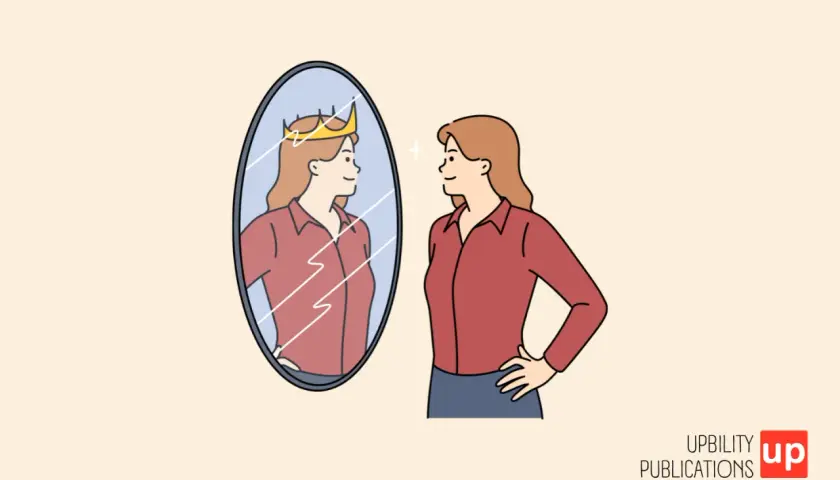 Donna con corona riflessa nello specchio, un'immagine che evoca il significato di egocentrico.