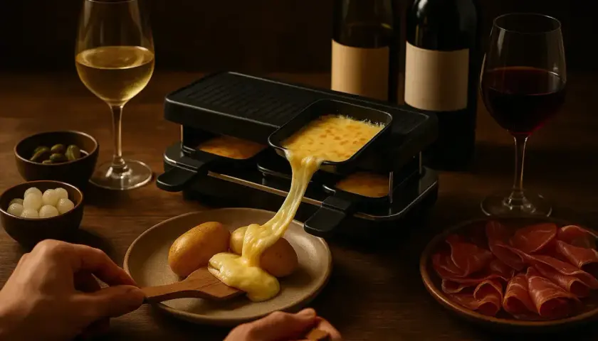 Un délicieux vin rouge accompagne une raclette fondante, des pommes de terre et de la charcuterie.