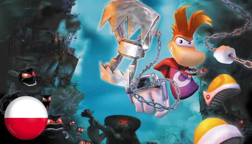 Rayman 3 spolszczenie: Rayman walczy z potworami, a obok niego polska flaga.